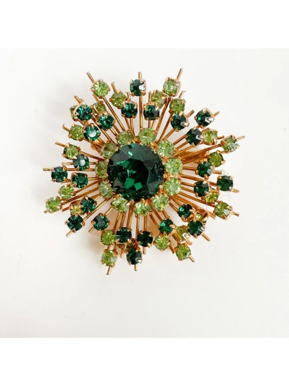 Vintage  Austrian Green Uranium Rhinestones Starburst Gold Tone Brooch